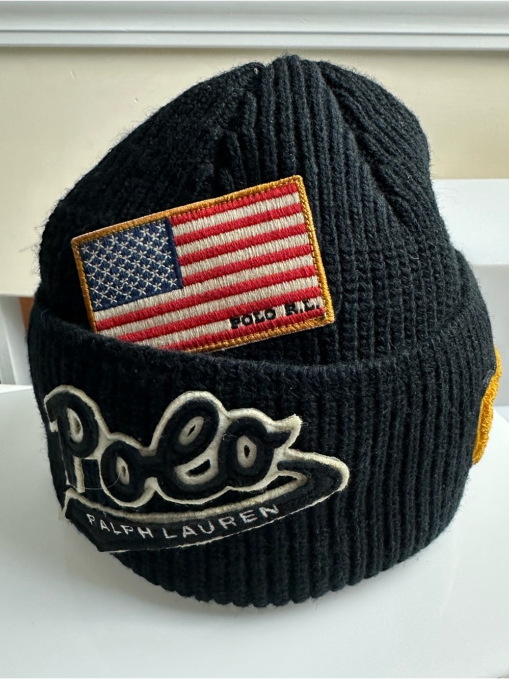 Polo Ralph Lauren Multi Patch Script Logo Black Knit Beanie Hat Black Cap NWT - Picture 3 of 5